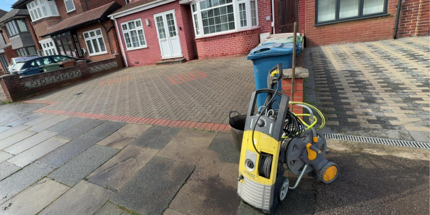 Block paving driveway during pressure washing